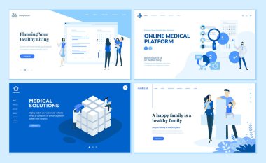 Web sayfa tasarım şablonları koleksiyonu tıbbi çözümler, online tıbbi platformu, sağlıklı yaşam, aile sağlık koruma. Modern vektör illüstrasyon kavramlar Web sitesi ve mobil web sitesi geliştirme için. 