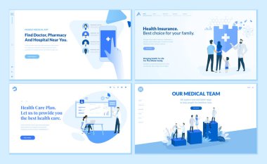 Sağlık sigortası, sağlık planı, sağlık ekibi, en yakın doktor, hastane ve eczane bulmak için app Web sayfa tasarım şablonları koleksiyonu. Modern vektör illüstrasyon kavramlar Web sitesi ve mobil web sitesi geliştirme için. 