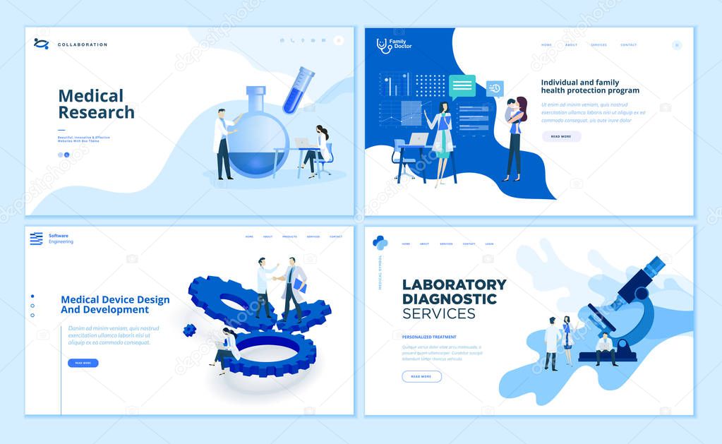 Web page design templates collection of medical research, laboratory diagnostic, medical device development, family health protection program. Modern vector illustration concepts for website and mobile website development.
