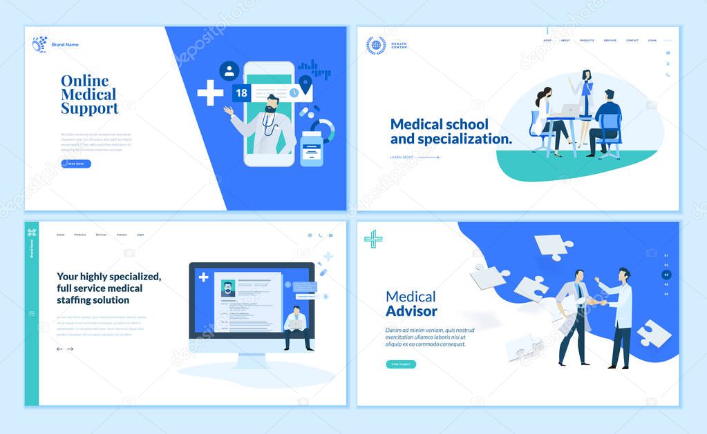 Web page design templates collection of online medical support, medical school and specialization, medical advisor. Modern vector illustration concepts for website and mobile website development.