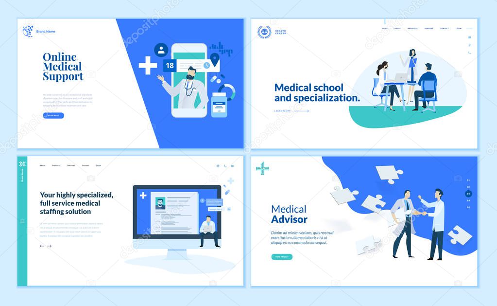 Web page design templates collection of online medical support, medical school and specialization, medical advisor. Modern vector illustration concepts for website and mobile website development. 