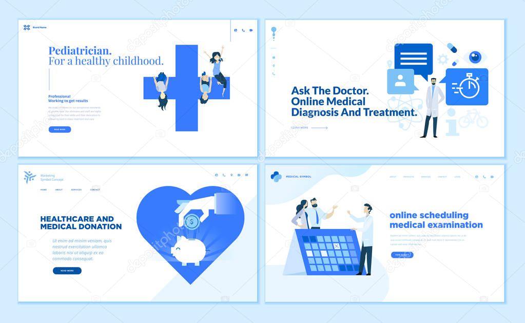 Web page design templates collection of pediatrician, online medical diagnosis and treatment, medical donation. Modern vector illustration concepts for website and mobile website development. 