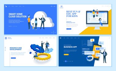 Set of flat design web page templates of business apps, research and development, home cloud solution, kids apps. Modern vector illustration concepts for website and mobile website development.  clipart