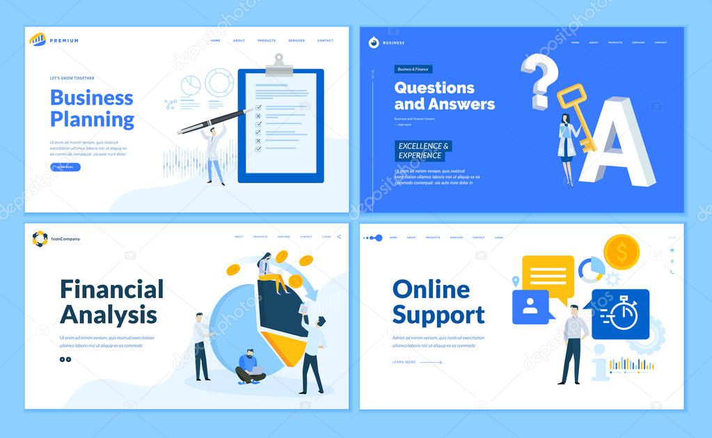 Set of flat design web page templates of business planning, financial analysis, online support, questions and answers. Modern vector illustration concepts for website and mobile website development. 
