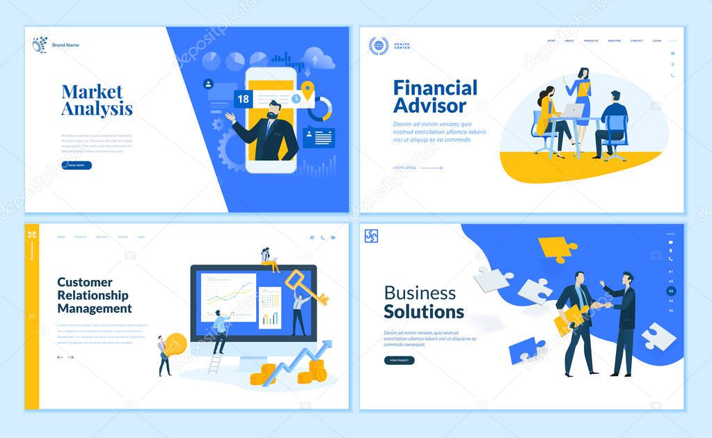 Set of flat design web page templates of market analysis, business solution, financial advisor, customer relationship management. Modern vector illustration concepts for website and mobile website development.