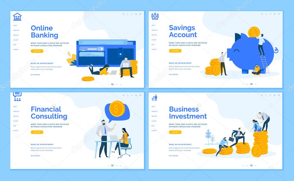 Set of flat design web page templates of online banking, financial consulting, savings, business investment. Modern vector illustration concepts for website and mobile website development.