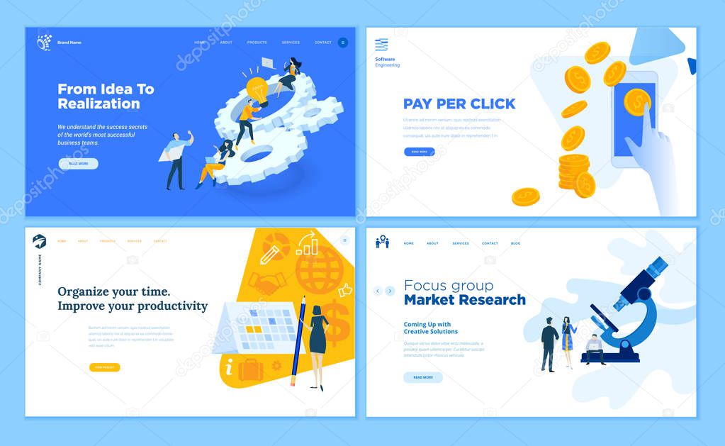 Set of flat design web page templates of startup, development process, market research, pay per click, time management. Modern vector illustration concepts for website and mobile website development. 