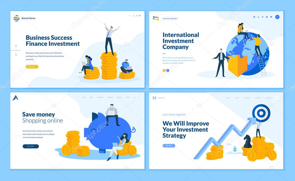 Set of flat design web page templates of finance, business success, investment, online shopping. Modern vector illustration concepts for website and mobile website development. 