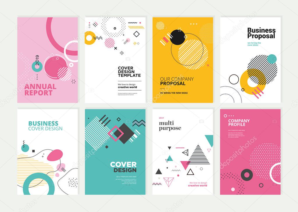 Set of brochure, annual report, flyer design templates in A4 size. Vector illustrations for business presentation, business paper, corporate document cover and layout template designs.
