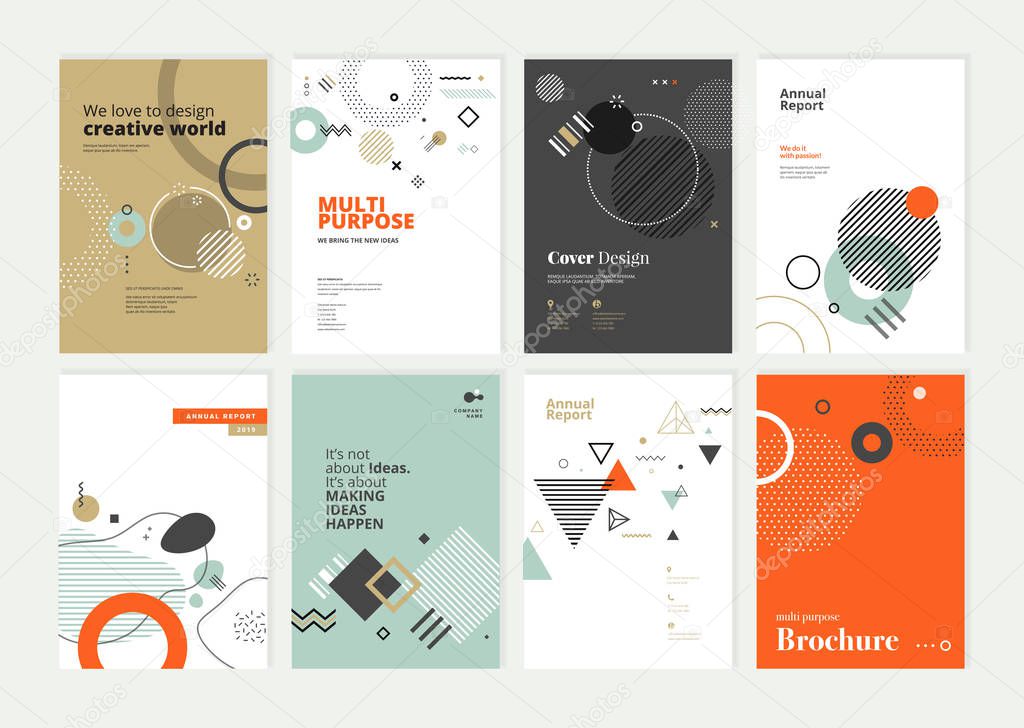 Set of brochure, annual report, flyer design templates in A4 size. Vector illustrations for business presentation, business paper, corporate document cover and layout template designs.