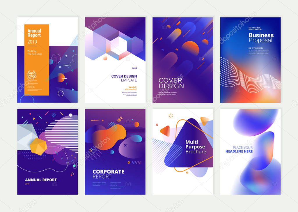 Set of brochure, annual report, flyer design templates in A4 size. Vector illustrations for business presentation, business paper, corporate document cover and layout template designs.