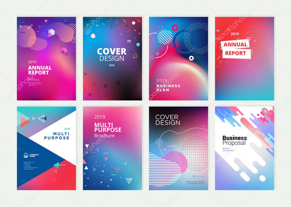 Set of brochure, annual report, flyer design templates in A4 size. Vector illustrations for business presentation, business paper, corporate document cover and layout template designs.