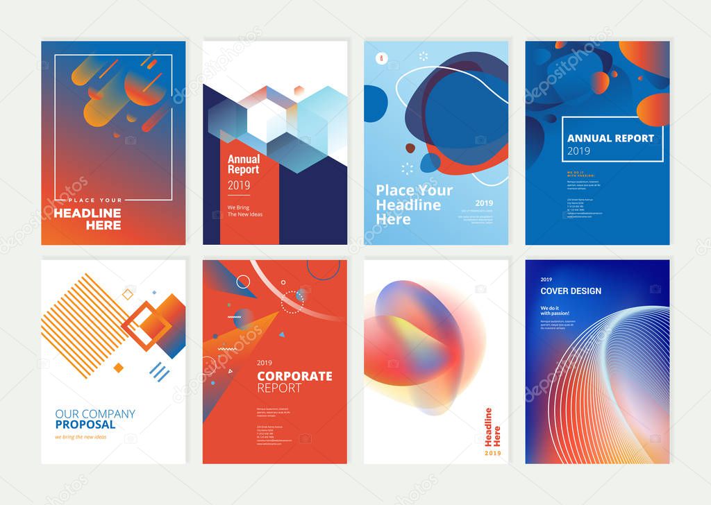 Set of brochure, annual report, flyer design templates in A4 size. Vector illustrations for business presentation, business paper, corporate document cover and layout template designs.