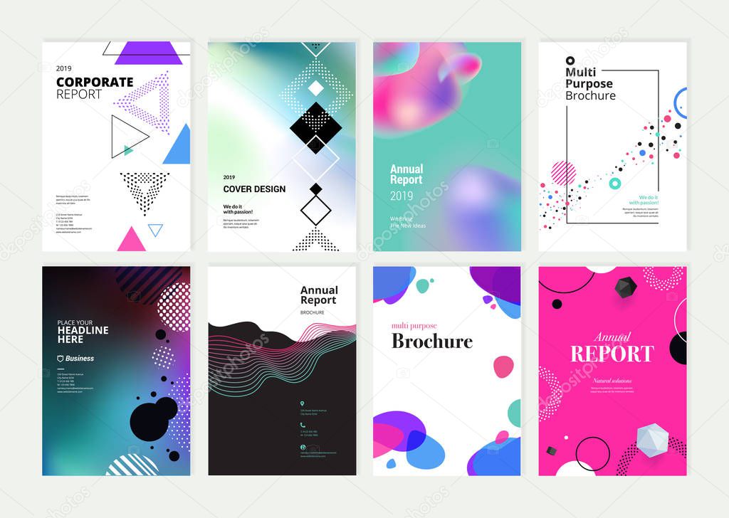 Set of brochure, annual report, flyer design templates in A4 size. Vector illustrations for business presentation, business paper, corporate document cover and layout template designs.