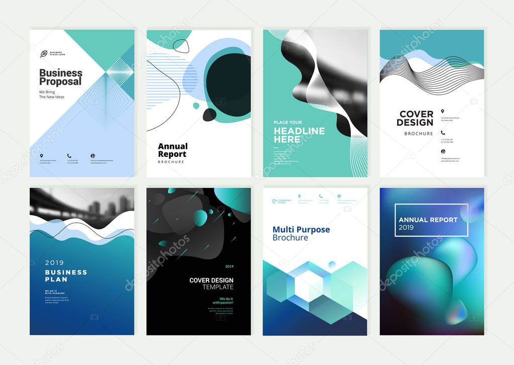 Set of brochure, annual report, flyer design templates in A4 size. Vector illustrations for business presentation, business paper, corporate document cover and layout template designs.