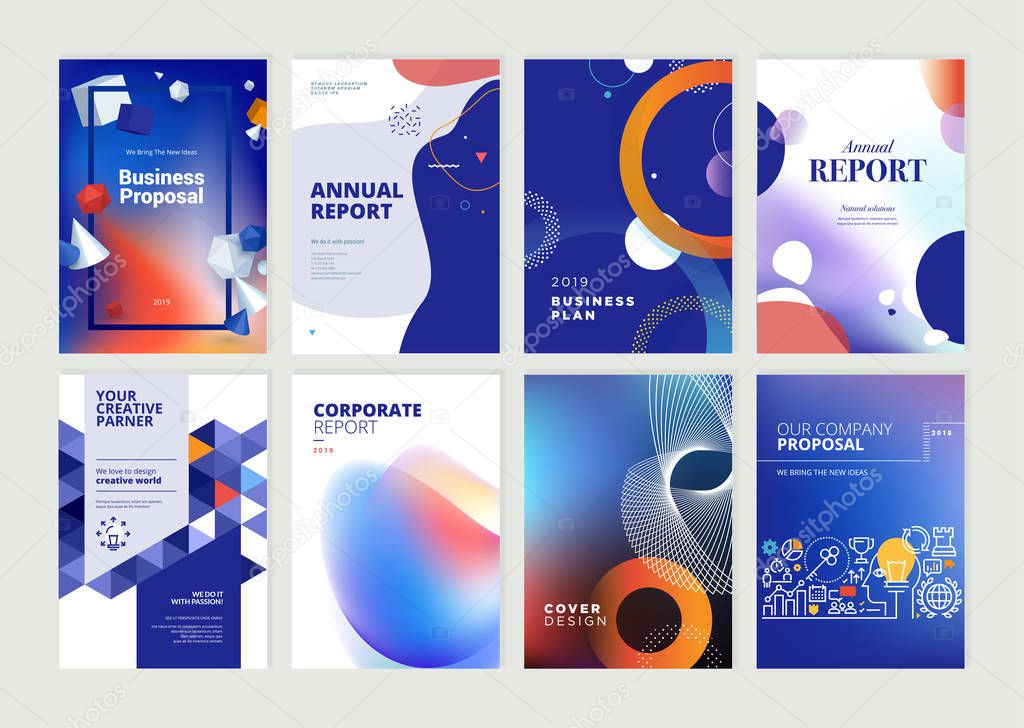 Set of brochure, annual report, flyer design templates in A4 size. Vector illustrations for business presentation, business paper, corporate document cover and layout template designs.