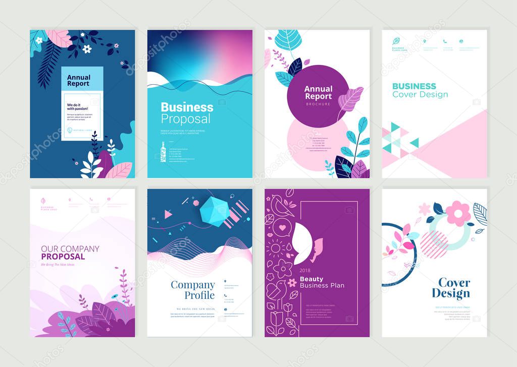 Set of brochure, annual report and cover design templates for beauty, spa, wellness, natural products, cosmetics, fashion, healthcare. Vector illustrations for business presentation, and marketing.