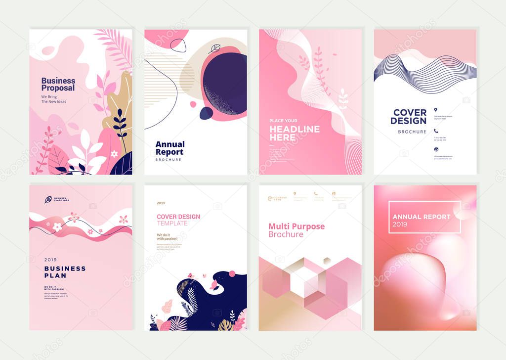 Set of brochure, annual report and cover design templates for beauty, spa, wellness, natural products, cosmetics, fashion, healthcare. Vector illustrations for business presentation, and marketing.
