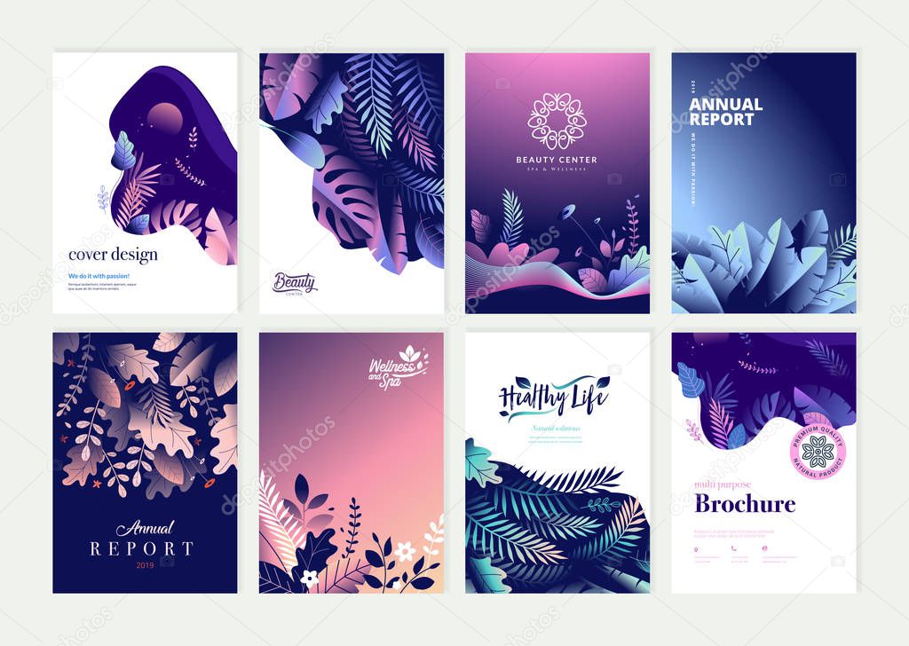 Set of brochure, annual report and cover design templates for beauty, spa, wellness, natural products, cosmetics, fashion, healthcare. Vector illustrations for business presentation, and marketing.
