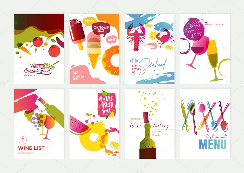 Set of restaurant menu, brochure, flyer design templates. Vector illustrations for food and drink marketing material, natural products presentation, cover design, wine list and cocktail menu templates, party invitations.
