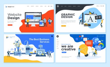 Grafik tasarım, Web sitesi tasarımı ve geliştirme, sosyal medya, iş Hizmetleri düz tasarım web sayfası şablonları kümesi. Modern vektör illüstrasyon kavramlar Web sitesi ve mobil web sitesi geliştirme için. 