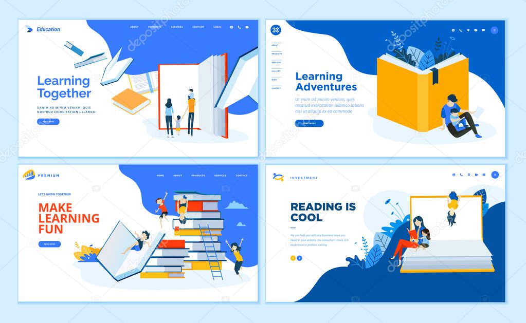 Set of flat design web page templates of school, e-learning, book store, educated services. Modern vector illustration concepts for website and mobile website development.
