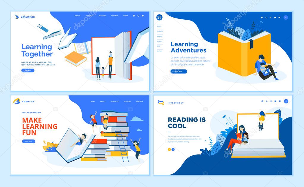 Set of flat design web page templates of school, e-learning, book store, educated services. Modern vector illustration concepts for website and mobile website development. 