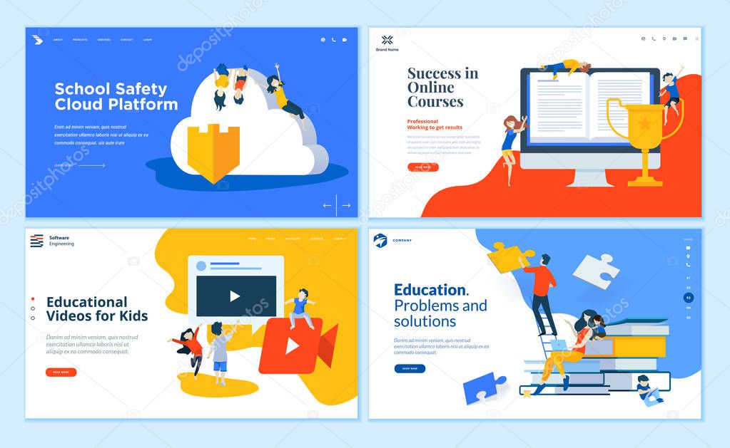 Set of flat design web page templates of education, online training and courses, educated app and cloud. Modern vector illustration concepts for website and mobile website development.