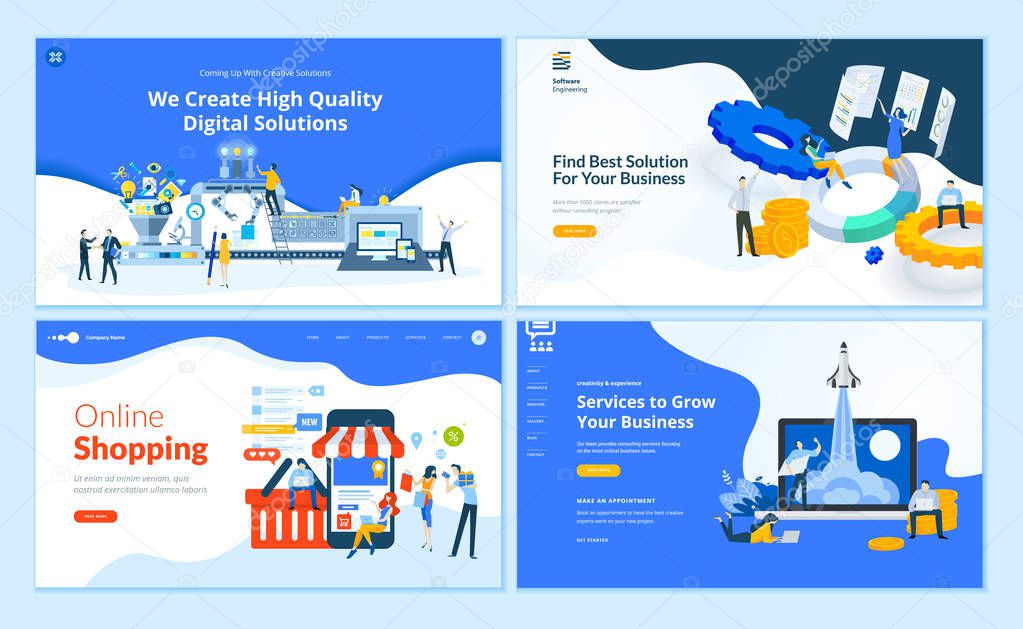 Set of flat design web page templates of web development, business apps and solutions, startup, online shopping, . Modern vector illustration concepts for website and mobile website development. 