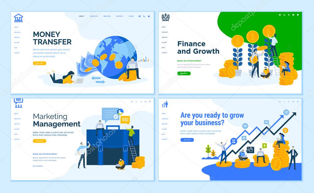 Set of flat design web page templates of business, finance, online money transfer, consulting. Modern vector illustration concepts for website and mobile website development.