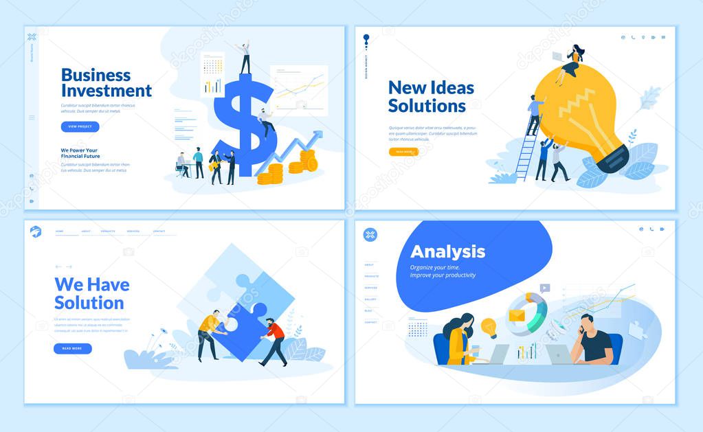 Web page design templates collection of business solution and analysis, startup, innovative ideas, investment. Flat design vector illustration concepts for website and mobile website development.