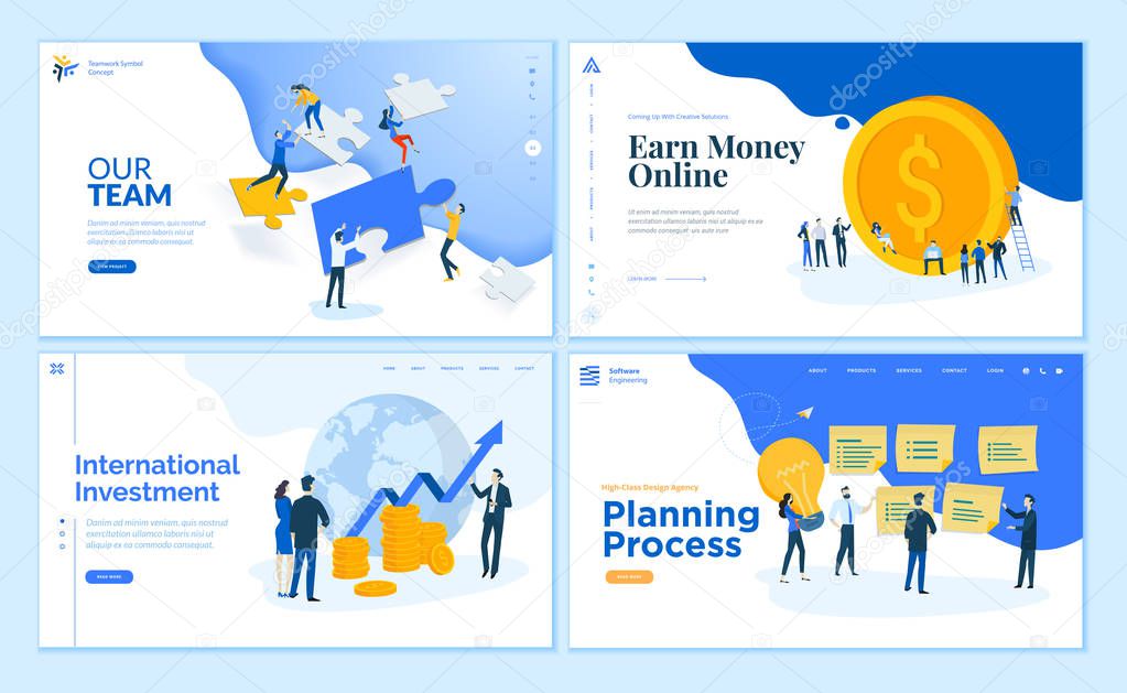 Web page design templates collection of teamwork, finance, online money earning, business management and planning. Flat design vector illustration concepts for website and mobile website development.