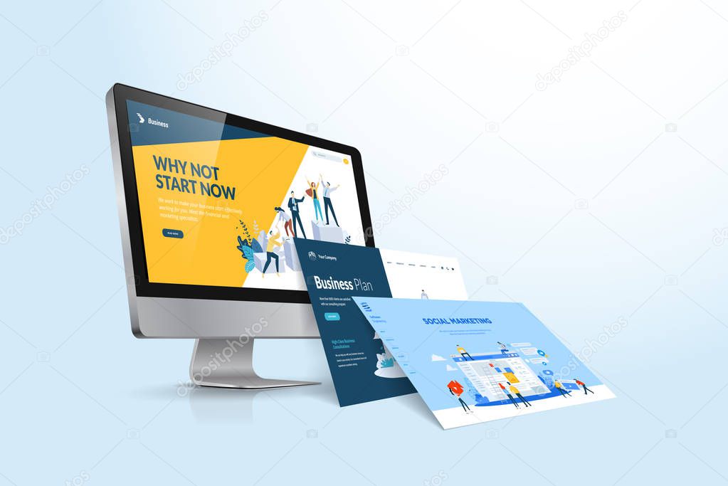 Web design template. Vector illustration concept of website design and development, app development, seo, business presentation, marketing.