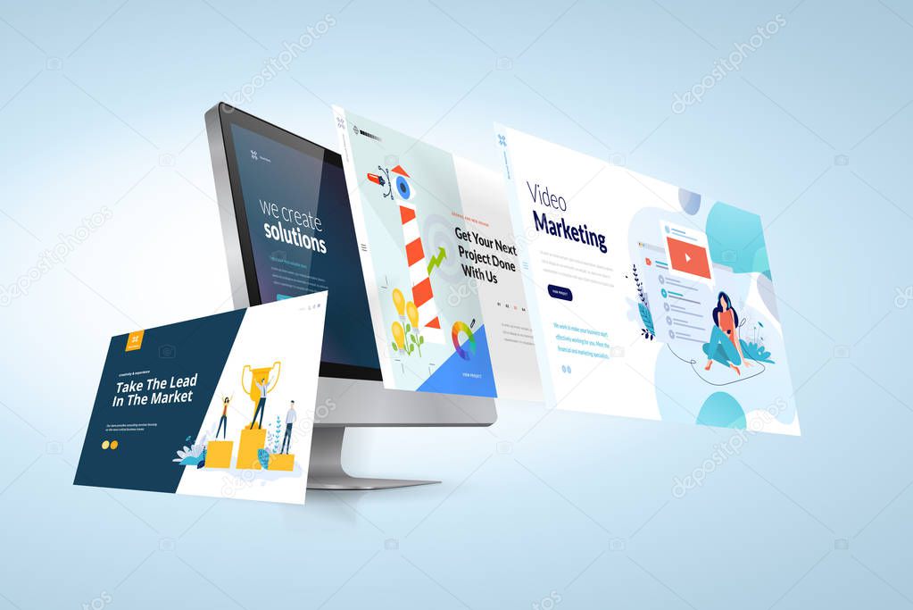 Web design template. Vector illustration concept of website design and development, app development, seo, business presentation, marketing.