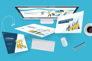 Yaratıcı çalışma alanı kavramı, üst görünüm. Grafik ve web sitesi tasarımı ve geliştirme, yaratıcı süreç, iş planlama, strateji ve sunum, internet pazarlama için düz tasarım vektör illüstrasyon