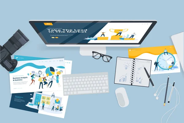 Kreatives Arbeitsplatzkonzept Draufsicht Flache Designvektorillustration Für Grafik Und Website Design — Stockvektor