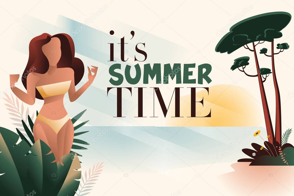 Summer time banner. Flat design vector illustration for background, mobile and social media banner template, summertime card, poster, travel and shopping ads, marketing material.