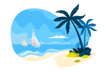 Yaz vektör illüstrasyon. Web ve sosyal medya afiş, arka plan, yaz kartı şablonu, seyahat ve tatil reklamları, reklam malzemesi için düz tasarım konsepti.