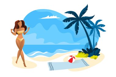 Yaz vektör illüstrasyon. Web ve sosyal medya afiş, arka plan, yaz kartı şablonu, seyahat ve tatil reklamları, reklam malzemesi için düz tasarım konsepti.