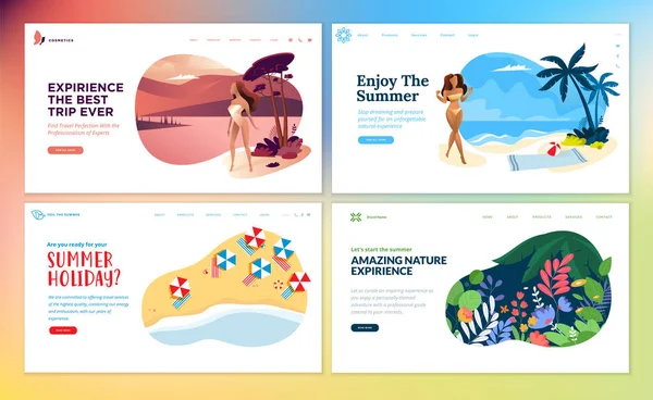 夏休み 旅行先 観光のフラットデザインのウェブページテンプレートのセット ウェブサイトやモバイルサイト開発のための現代ベクトルイラストの概念 — ストックベクタ