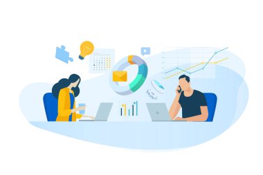 İş analizi, proje yönetimi, pazar araştırması düz tasarım kavramı. Web sitesi afiş, pazarlama malzemesi, iş sunumu, online reklam için Vektör illüstrasyon.