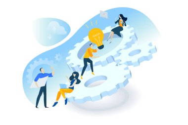 Proje yönetimi, ekip çalışması, iş mekanizması, araştırma ve geliştirme düz tasarım kavramı. Web sitesi afiş, pazarlama malzemesi, iş sunumu, online reklam için Vektör illüstrasyon.