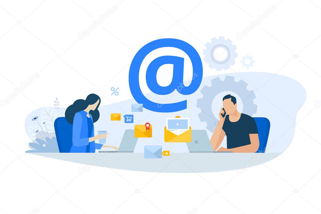 Flat design concept of email marketing, newsletter, digital advertising. Vector illustration for website banner, marketing material, business presentation, online advertising.
