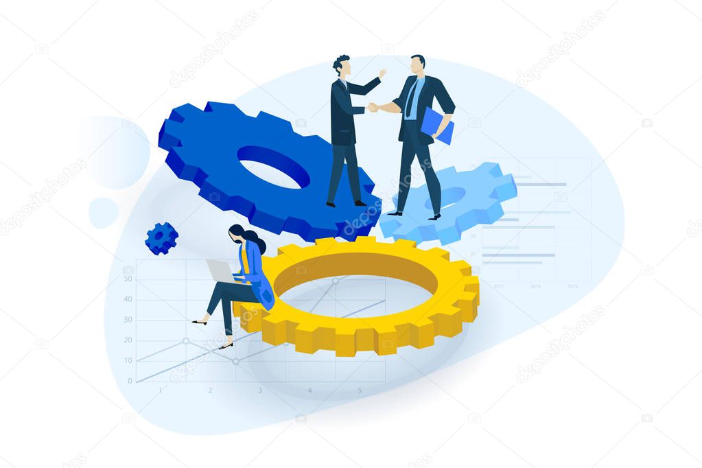 Flat design concept of business service, partnership, project management, research and development. Vector illustration for website banner, marketing material, business presentation, online advertising.