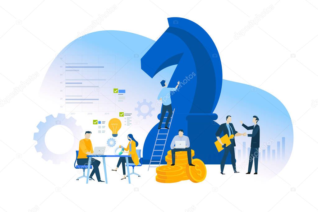 Flat design concept of business strategy and planning. Vector illustration for website banner, marketing material, business presentation, online advertising.