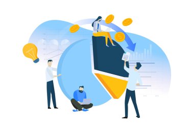 Analiz, planlama, pazar araştırması, finans, yatırım düz tasarım kavramı. Web sitesi afiş, pazarlama malzemesi, iş sunumu, online reklam için Vektör illüstrasyon.