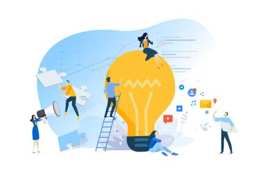 Fikir düz tasarım kavramı, yaratıcı süreç, takım çalışması, internet reklamcılığı. Web sitesi afiş, pazarlama malzemesi, iş sunumu, online reklam için Vektör illüstrasyon.