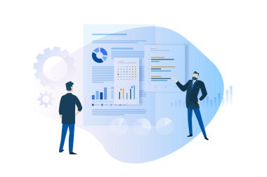 Yıllık rapor, planlama ve istatistik, eğilimler ve verimlilik, iş planı düz tasarım kavramı. Web sitesi afiş, pazarlama malzemesi, iş sunumu, online reklam için Vektör illüstrasyon.