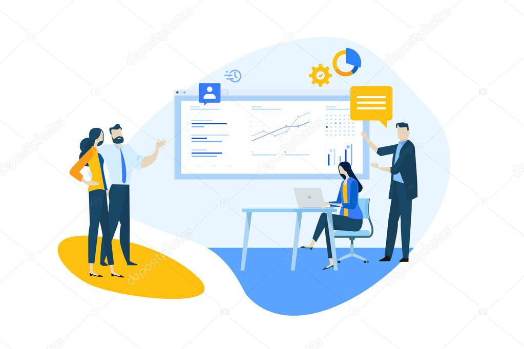 Flat design concept of our team, business analysis and planning, time management. Vector illustration for website banner, marketing material, business presentation, online advertising.