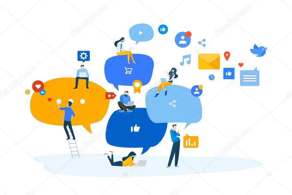 Flat design concept of networking, online communication, internet community. Vector illustration for website banner, marketing material, business presentation, online advertising.